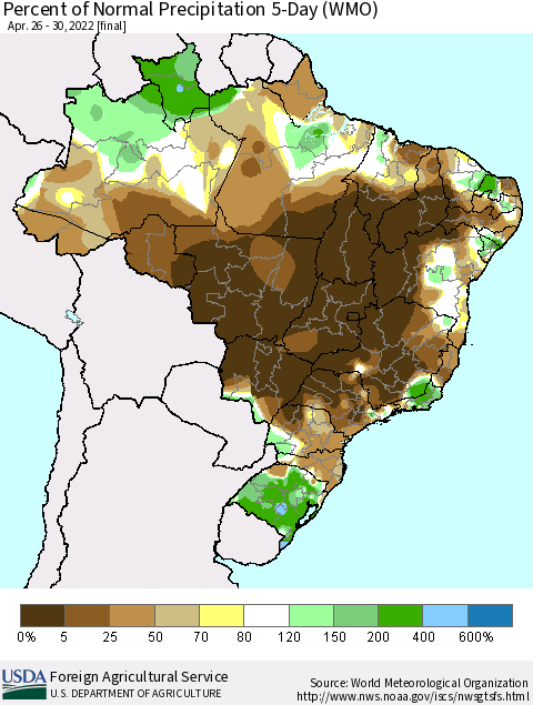 Brazil Percent of Normal Precipitation 5-Day (WMO) Thematic Map For 4/26/2022 - 4/30/2022
