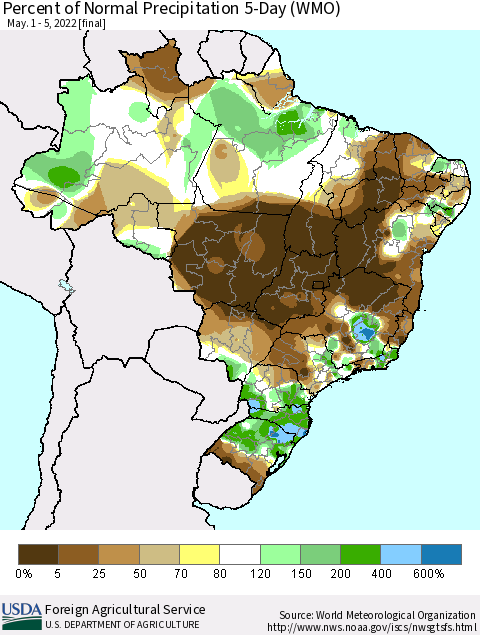 Brazil Percent of Normal Precipitation 5-Day (WMO) Thematic Map For 5/1/2022 - 5/5/2022