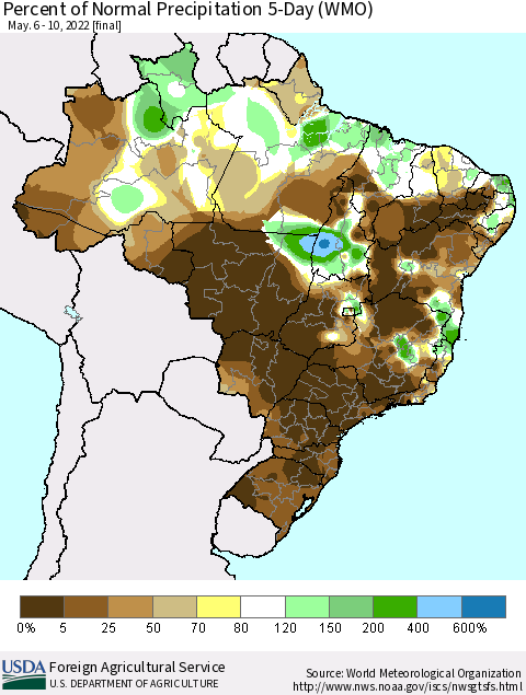 Brazil Percent of Normal Precipitation 5-Day (WMO) Thematic Map For 5/6/2022 - 5/10/2022