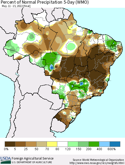 Brazil Percent of Normal Precipitation 5-Day (WMO) Thematic Map For 5/11/2022 - 5/15/2022