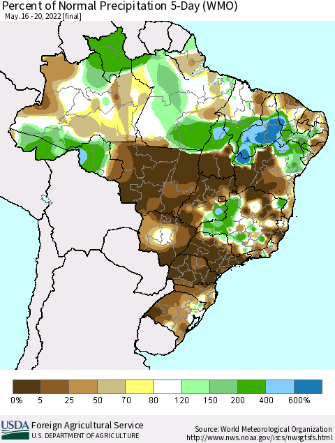 Brazil Percent of Normal Precipitation 5-Day (WMO) Thematic Map For 5/16/2022 - 5/20/2022