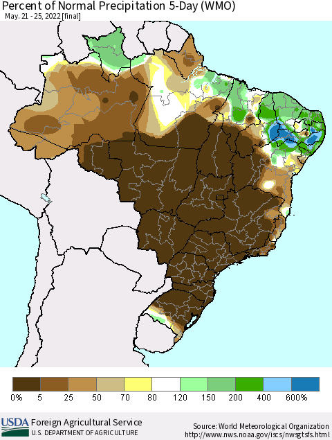 Brazil Percent of Normal Precipitation 5-Day (WMO) Thematic Map For 5/21/2022 - 5/25/2022