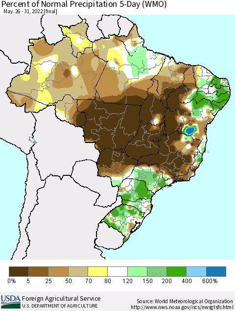 Brazil Percent of Normal Precipitation 5-Day (WMO) Thematic Map For 5/26/2022 - 5/31/2022