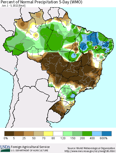 Brazil Percent of Normal Precipitation 5-Day (WMO) Thematic Map For 6/1/2022 - 6/5/2022