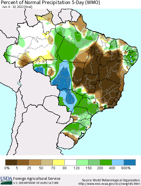 Brazil Percent of Normal Precipitation 5-Day (WMO) Thematic Map For 6/6/2022 - 6/10/2022