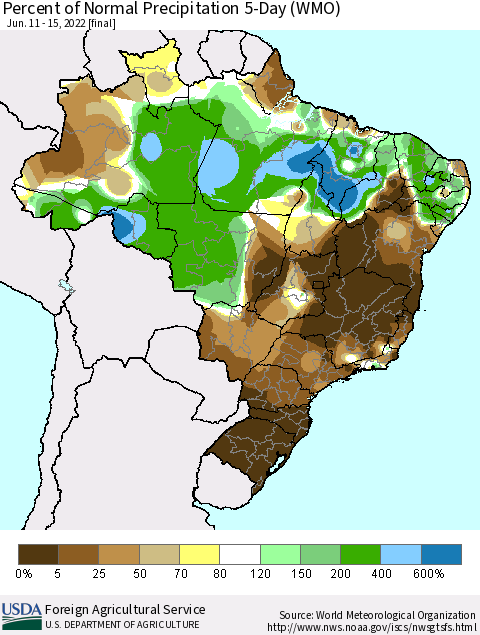 Brazil Percent of Normal Precipitation 5-Day (WMO) Thematic Map For 6/11/2022 - 6/15/2022