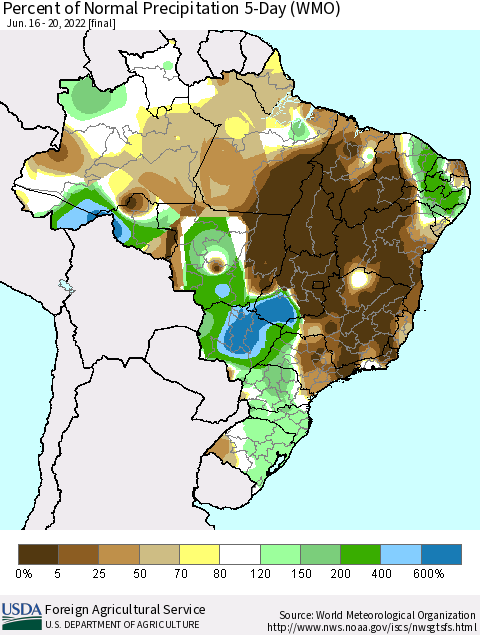 Brazil Percent of Normal Precipitation 5-Day (WMO) Thematic Map For 6/16/2022 - 6/20/2022