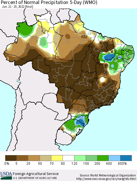 Brazil Percent of Normal Precipitation 5-Day (WMO) Thematic Map For 6/21/2022 - 6/25/2022