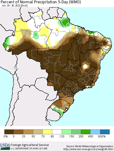 Brazil Percent of Normal Precipitation 5-Day (WMO) Thematic Map For 6/26/2022 - 6/30/2022