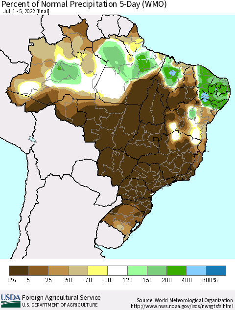 Brazil Percent of Normal Precipitation 5-Day (WMO) Thematic Map For 7/1/2022 - 7/5/2022