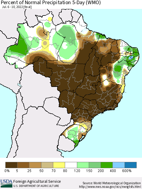 Brazil Percent of Normal Precipitation 5-Day (WMO) Thematic Map For 7/6/2022 - 7/10/2022