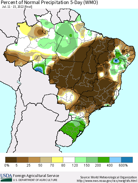 Brazil Percent of Normal Precipitation 5-Day (WMO) Thematic Map For 7/11/2022 - 7/15/2022