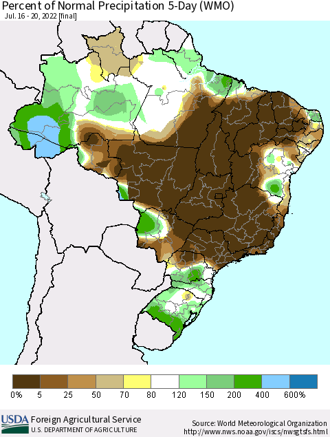 Brazil Percent of Normal Precipitation 5-Day (WMO) Thematic Map For 7/16/2022 - 7/20/2022