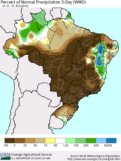 Brazil Percent of Normal Precipitation 5-Day (WMO) Thematic Map For 7/21/2022 - 7/25/2022