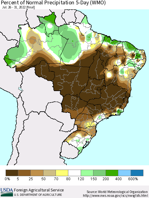Brazil Percent of Normal Precipitation 5-Day (WMO) Thematic Map For 7/26/2022 - 7/31/2022