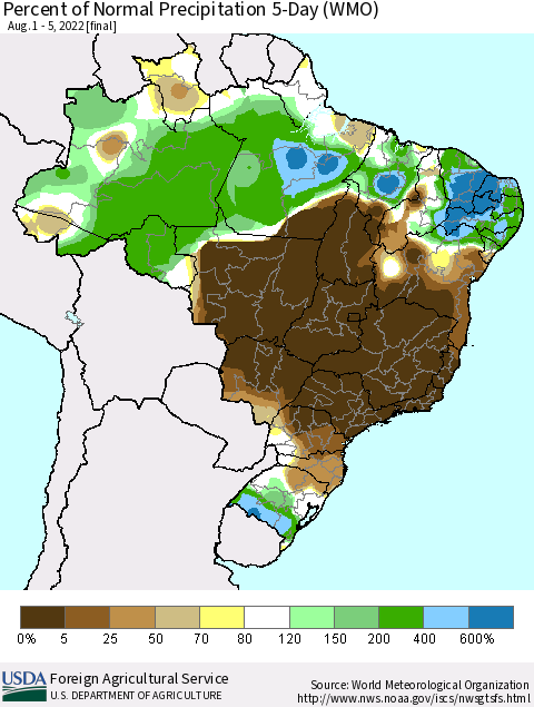 Brazil Percent of Normal Precipitation 5-Day (WMO) Thematic Map For 8/1/2022 - 8/5/2022