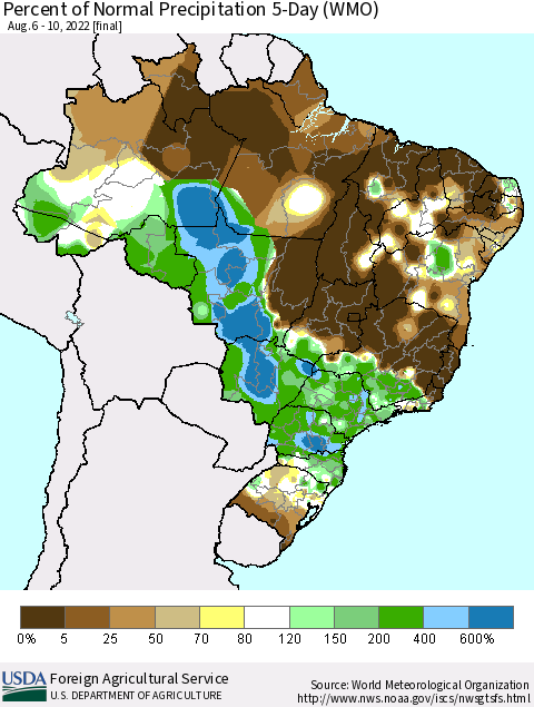 Brazil Percent of Normal Precipitation 5-Day (WMO) Thematic Map For 8/6/2022 - 8/10/2022