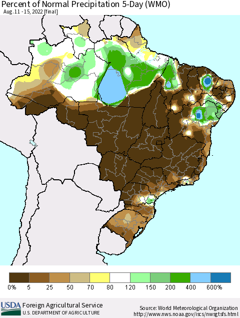 Brazil Percent of Normal Precipitation 5-Day (WMO) Thematic Map For 8/11/2022 - 8/15/2022