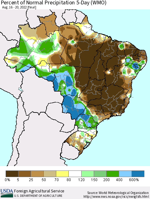 Brazil Percent of Normal Precipitation 5-Day (WMO) Thematic Map For 8/16/2022 - 8/20/2022