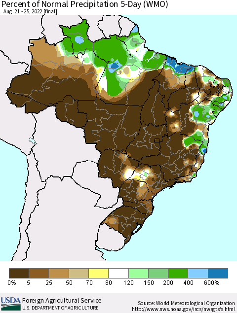 Brazil Percent of Normal Precipitation 5-Day (WMO) Thematic Map For 8/21/2022 - 8/25/2022