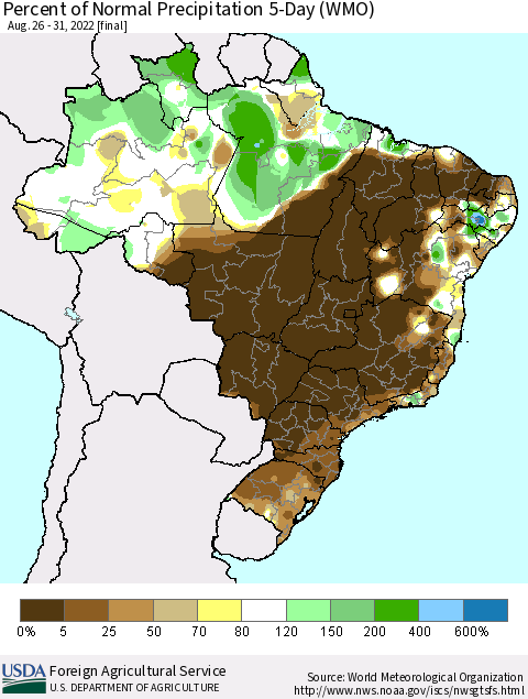 Brazil Percent of Normal Precipitation 5-Day (WMO) Thematic Map For 8/26/2022 - 8/31/2022