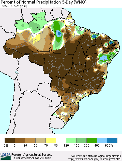 Brazil Percent of Normal Precipitation 5-Day (WMO) Thematic Map For 9/1/2022 - 9/5/2022