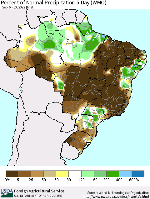 Brazil Percent of Normal Precipitation 5-Day (WMO) Thematic Map For 9/6/2022 - 9/10/2022