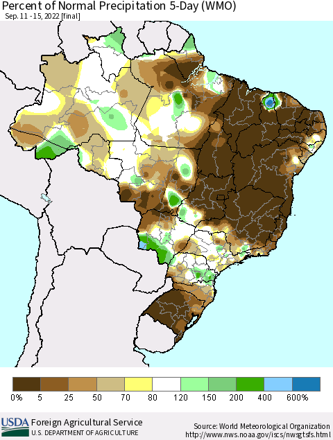 Brazil Percent of Normal Precipitation 5-Day (WMO) Thematic Map For 9/11/2022 - 9/15/2022
