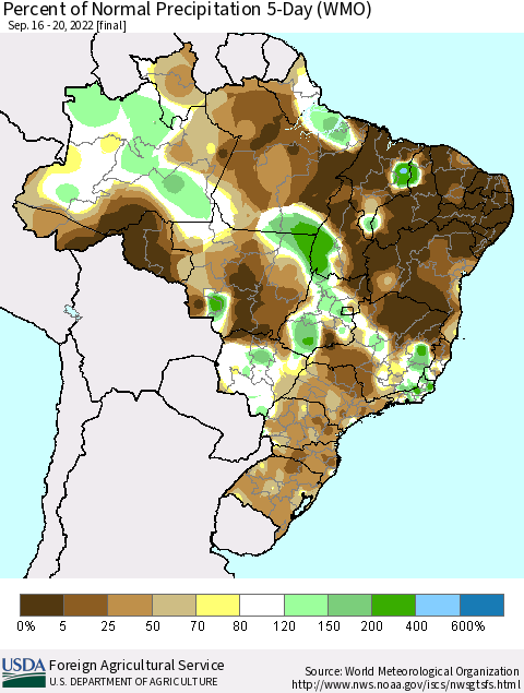 Brazil Percent of Normal Precipitation 5-Day (WMO) Thematic Map For 9/16/2022 - 9/20/2022