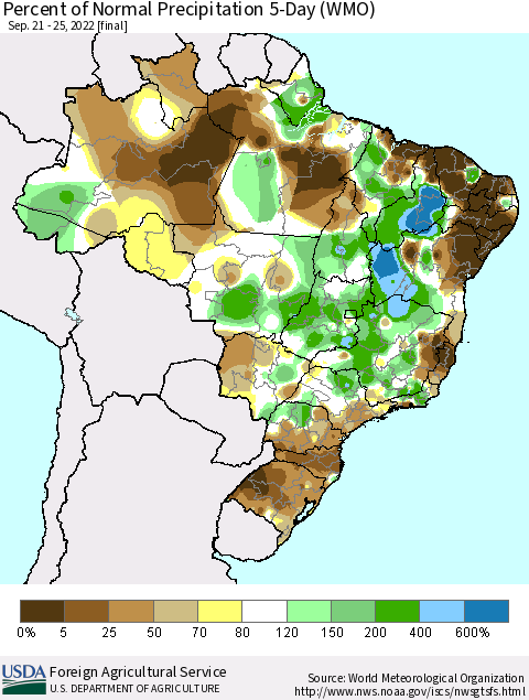 Brazil Percent of Normal Precipitation 5-Day (WMO) Thematic Map For 9/21/2022 - 9/25/2022