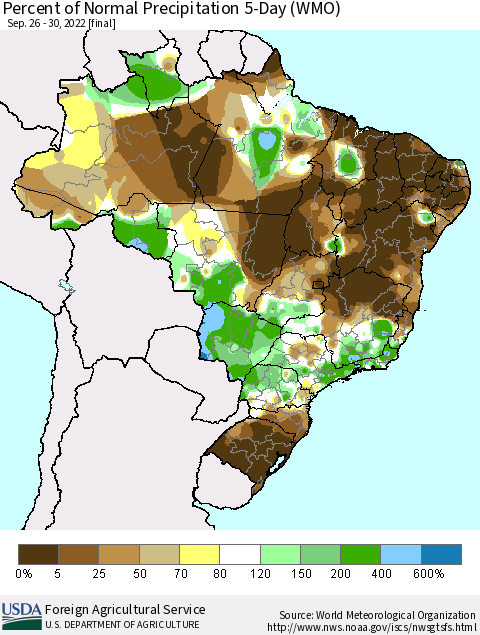 Brazil Percent of Normal Precipitation 5-Day (WMO) Thematic Map For 9/26/2022 - 9/30/2022