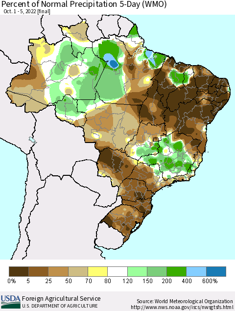 Brazil Percent of Normal Precipitation 5-Day (WMO) Thematic Map For 10/1/2022 - 10/5/2022