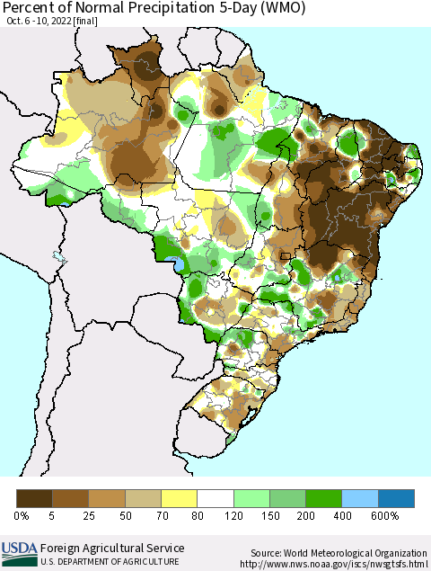 Brazil Percent of Normal Precipitation 5-Day (WMO) Thematic Map For 10/6/2022 - 10/10/2022