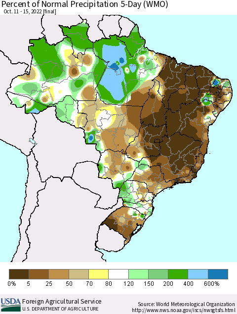 Brazil Percent of Normal Precipitation 5-Day (WMO) Thematic Map For 10/11/2022 - 10/15/2022