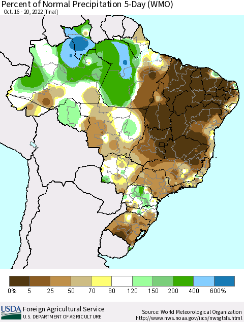 Brazil Percent of Normal Precipitation 5-Day (WMO) Thematic Map For 10/16/2022 - 10/20/2022