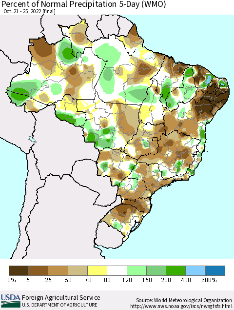 Brazil Percent of Normal Precipitation 5-Day (WMO) Thematic Map For 10/21/2022 - 10/25/2022