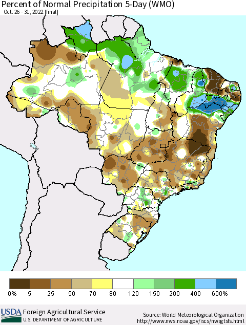 Brazil Percent of Normal Precipitation 5-Day (WMO) Thematic Map For 10/26/2022 - 10/31/2022