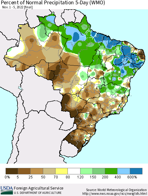 Brazil Percent of Normal Precipitation 5-Day (WMO) Thematic Map For 11/1/2022 - 11/5/2022