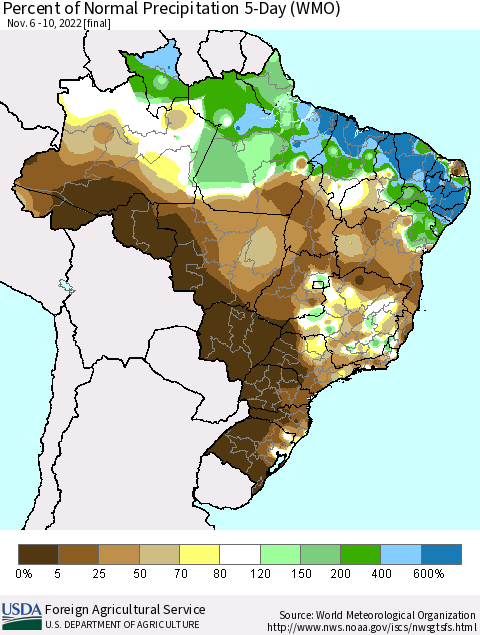 Brazil Percent of Normal Precipitation 5-Day (WMO) Thematic Map For 11/6/2022 - 11/10/2022