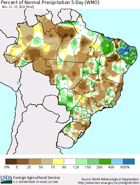 Brazil Percent of Normal Precipitation 5-Day (WMO) Thematic Map For 11/11/2022 - 11/15/2022