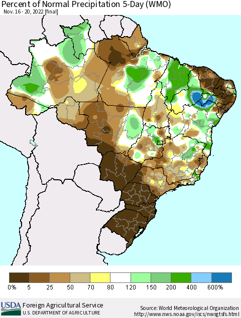 Brazil Percent of Normal Precipitation 5-Day (WMO) Thematic Map For 11/16/2022 - 11/20/2022