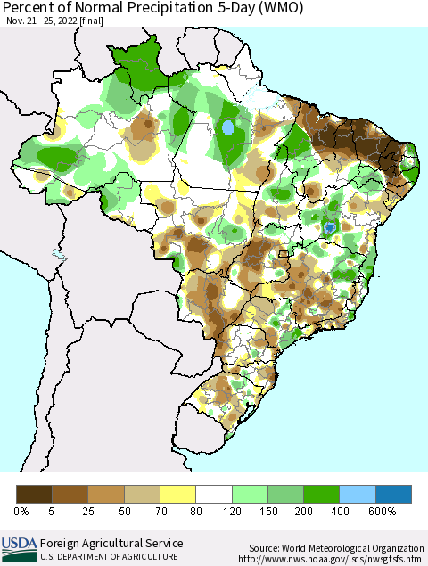 Brazil Percent of Normal Precipitation 5-Day (WMO) Thematic Map For 11/21/2022 - 11/25/2022