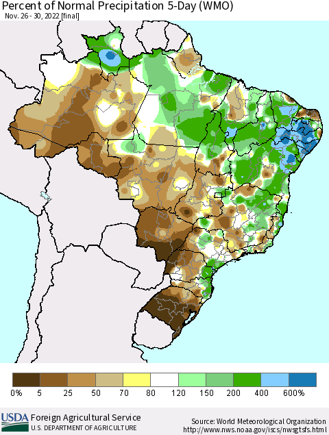 Brazil Percent of Normal Precipitation 5-Day (WMO) Thematic Map For 11/26/2022 - 11/30/2022