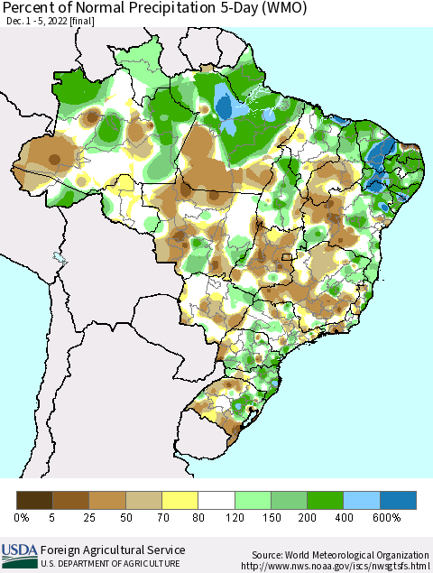 Brazil Percent of Normal Precipitation 5-Day (WMO) Thematic Map For 12/1/2022 - 12/5/2022