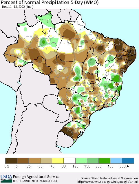 Brazil Percent of Normal Precipitation 5-Day (WMO) Thematic Map For 12/11/2022 - 12/15/2022