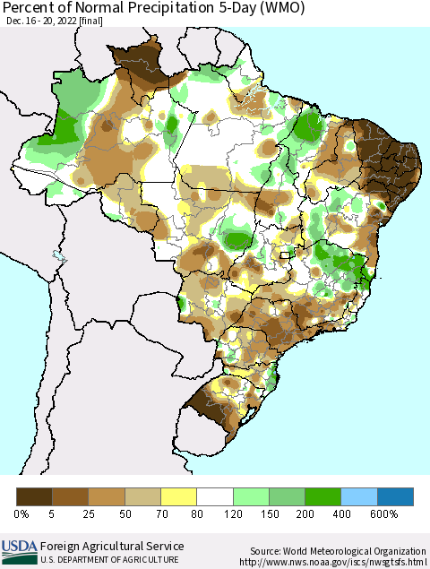 Brazil Percent of Normal Precipitation 5-Day (WMO) Thematic Map For 12/16/2022 - 12/20/2022