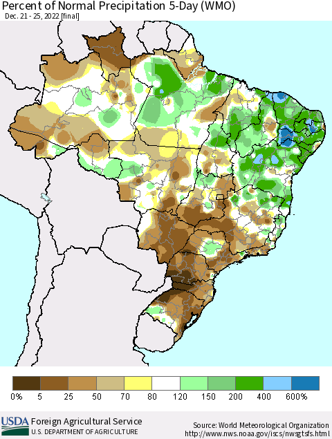 Brazil Percent of Normal Precipitation 5-Day (WMO) Thematic Map For 12/21/2022 - 12/25/2022