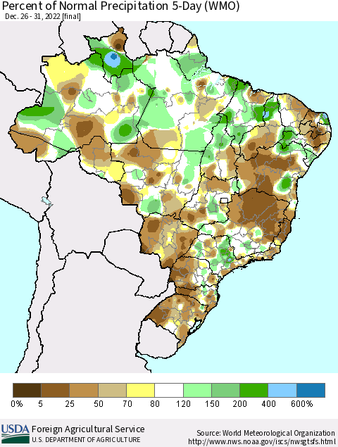 Brazil Percent of Normal Precipitation 5-Day (WMO) Thematic Map For 12/26/2022 - 12/31/2022