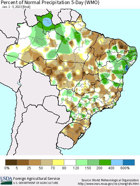 Brazil Percent of Normal Precipitation 5-Day (WMO) Thematic Map For 1/1/2023 - 1/5/2023