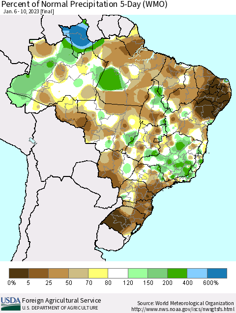 Brazil Percent of Normal Precipitation 5-Day (WMO) Thematic Map For 1/6/2023 - 1/10/2023